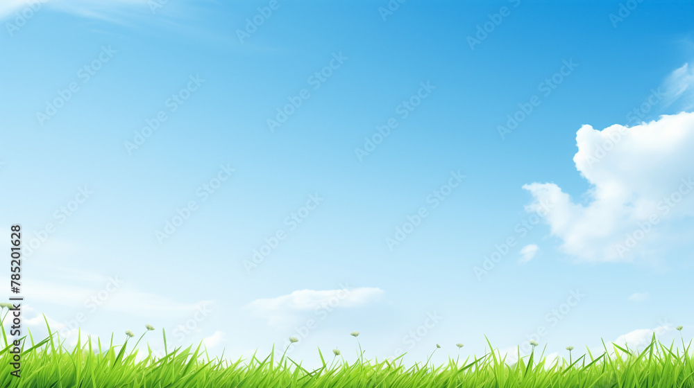 Green grass lawn with clouds on blue sky
