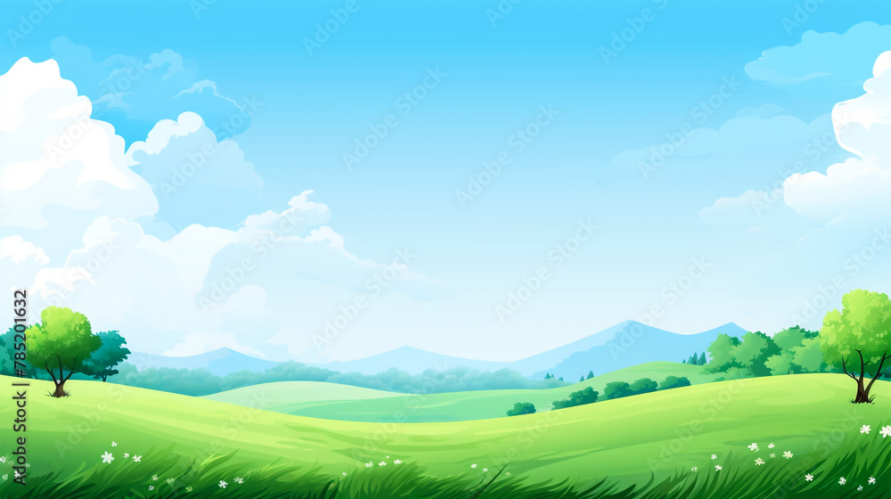 Green grass lawn with clouds on blue sky
