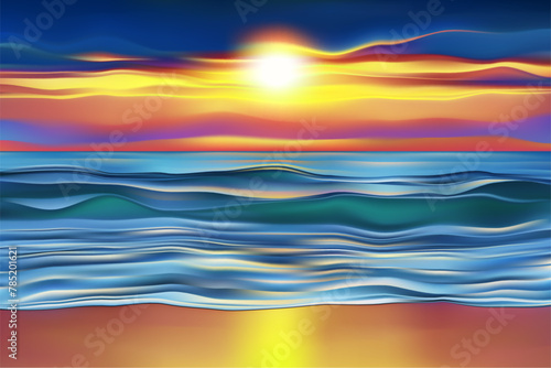 Summer tropical beach, sunset colorful paradise landscape. Sea, ocean, waves, sky, sunset. Tropics. Concept for travel, family vacation. Tropic beach background, wallpaper. Vector illustration