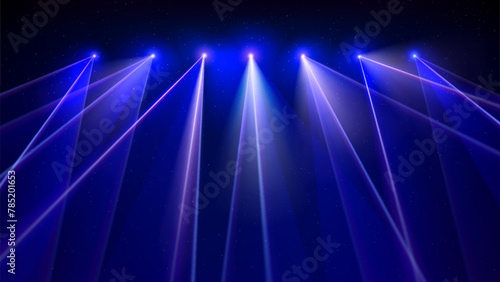 Laser light show. Bright led laser beams, dj light party. Illuminated blue stage, led strobe lights. Background, backdrop for displaying products. Vector illustration