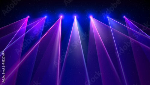 Laser light show. Bright led laser beams, dj light party. Illuminated blue pink stage, led strobe lights. Background, backdrop for displaying products. Vector illustration