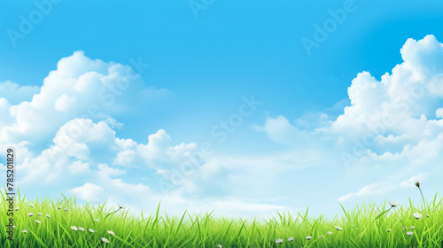 Green grass lawn with clouds on blue sky 