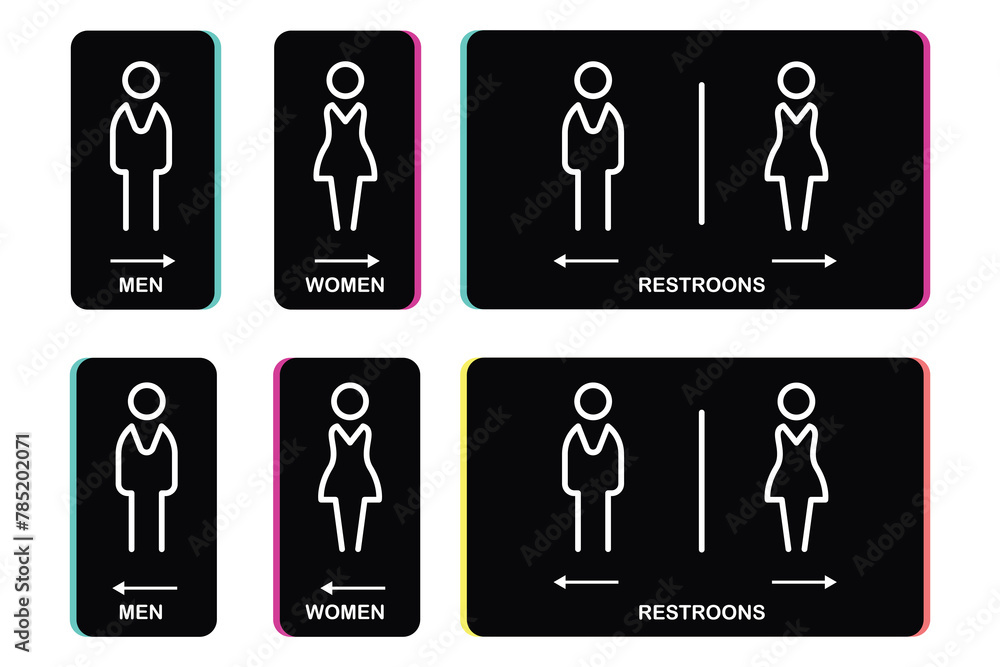 Set toilet signs. Men and women restroom icon sign right arrow. Vector illustration Set toilet signs. Men and women restroom icon sign right arrow. Vector illustration