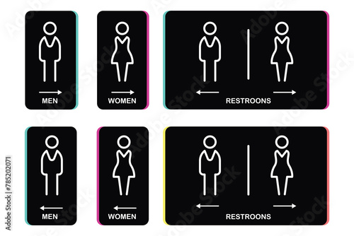 Set toilet signs. Men and women restroom icon sign right arrow. Vector illustration