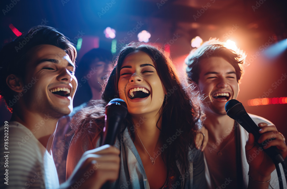 People at karaoke party in bar. Amateurs singers singing songs, holding microphones. Young happy men, women at live music performance in club. People at karaoke party in bar. Amateurs singers singing songs, holding microphones. Young happy men, women at live music performance in club.