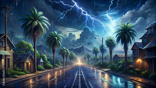 A wide landscape of a street road with monsoon thunderstorm and rain