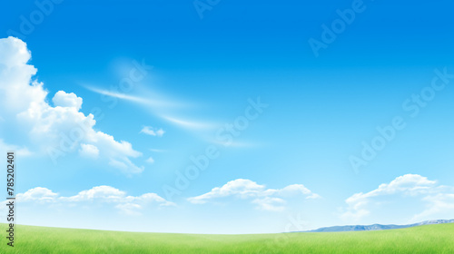 Green grass lawn with clouds on blue sky 