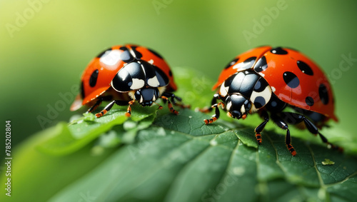 A red ladybug is sitting on a green leaf