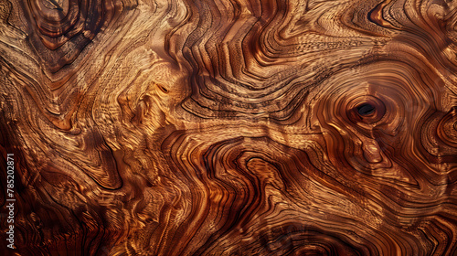 Exotic burl wood grain with intricate swirls and rich brown tones. Close-up shot for luxury background and pattern concept