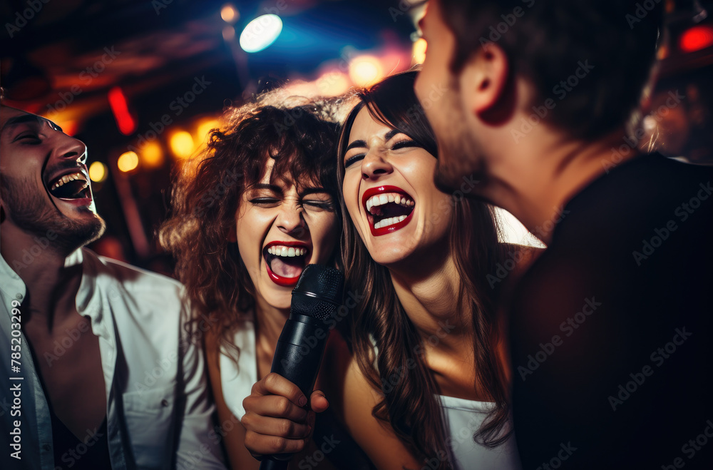 People at karaoke party in bar. Amateurs singers singing songs, holding microphones. Young happy men, women at live music performance in club. People at karaoke party in bar. Amateurs singers singing songs, holding microphones. Young happy men, women at live music performance in club.