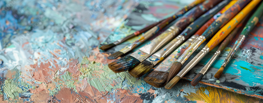 Fototapeta premium set of accessories for painting with paints and brushes. fine art tools. creative composition in flatley style . top view. copy space.