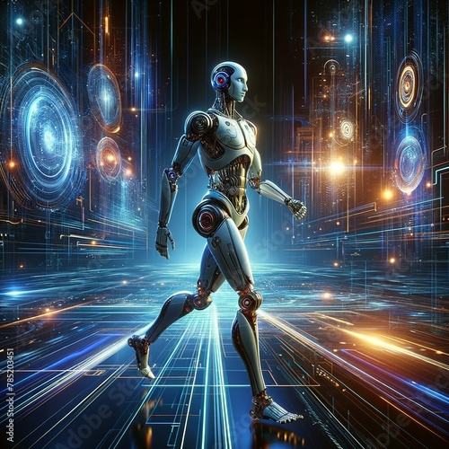 A humanoid robot, walking in imaginative futuristic cyberspace photo
