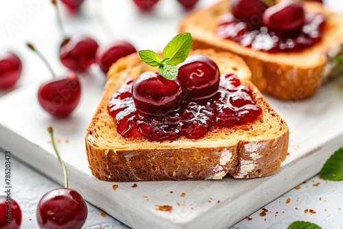 Toast breads with sweet cherry jam on wooden table