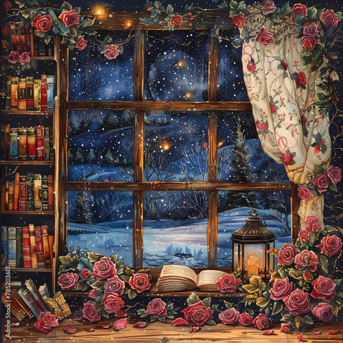 A very beautiful interior with rose flowers, books, lanterns, candles and a window with a winter starry night. Illustrated with colored pencils.