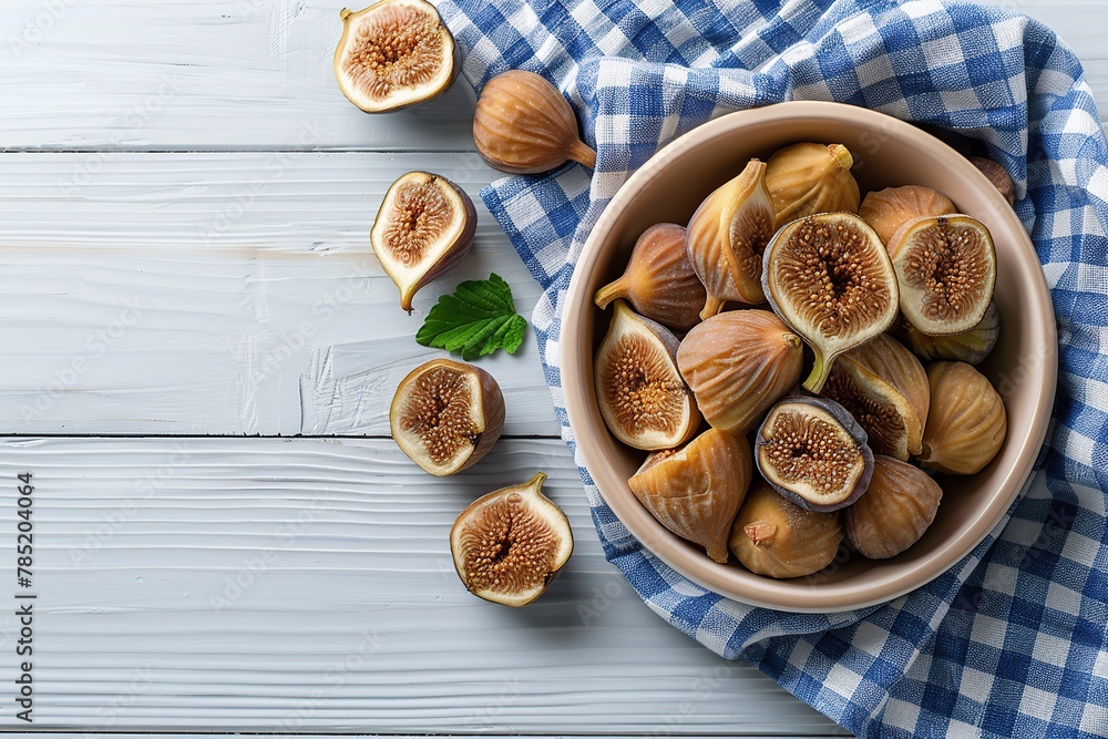 Dried figs fruit in bowl on wooden table