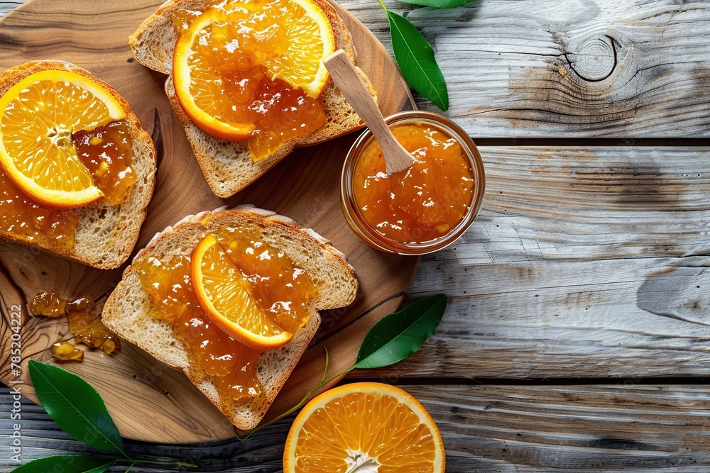 Toast breads with sweet orange jam on wooden table Toast breads with sweet orange jam on wooden table