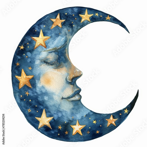 Watercolor Crescent Moon and Stars Clipart,A whimsical watercolor crescent moon adorned with stars, capturing the magic and mystery of the night sky. Perfect for celestial designs