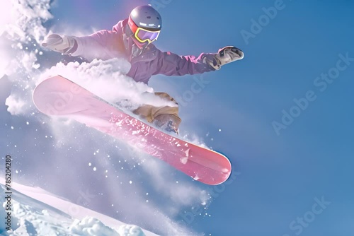A snowboarder in a purple jacket and brown pants is performing an air trick on his red board, with the clear blue sky behind him The photo captures every detail of their midair pose photo