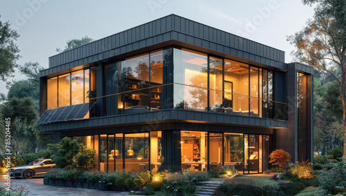 Modern two-story villa, exterior design rendering of the building with glass curtain wall and black metal lines on top, high-end luxury style. Created with Ai photo