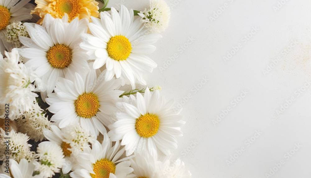 Spring frame of small flowers and daisy, floral arrangement, Daisy flowers isolated on white background. Daises with copy space Spring frame of small flowers and daisy, floral arrangement, Daisy flowers isolated on white background. Daises with copy space