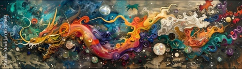 Dadaism art of a celestial dragon dances amidst abstract shapes and vibrant colors