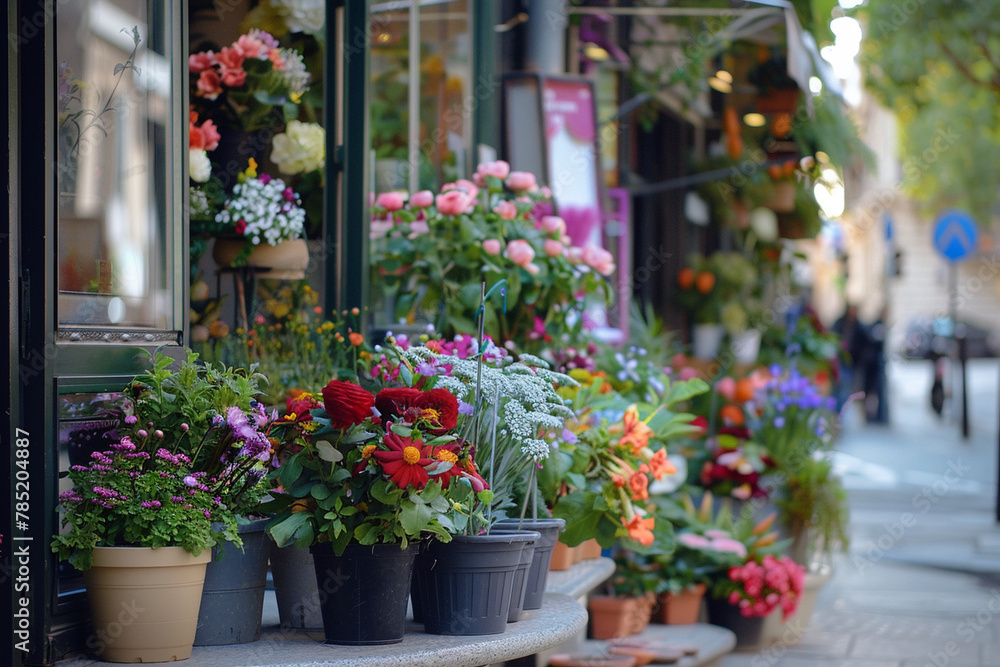 Flower shop decorated with different flowers in a pots. Blurred street on a background.