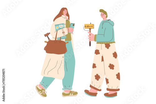 Bloggers character. Modern teenagers with camera make collaboration content isolated on white background. Blog and social media influencers team. KOL vector flat illustration.