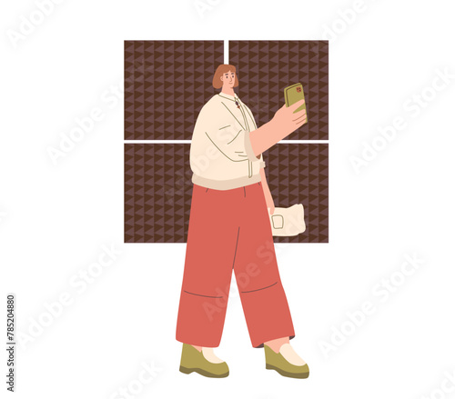 Blogger character. Modern young man with camera recording new episode in studio background. Teenager creating video for vlog. Blog and social media influencer. KOL vector illustration.