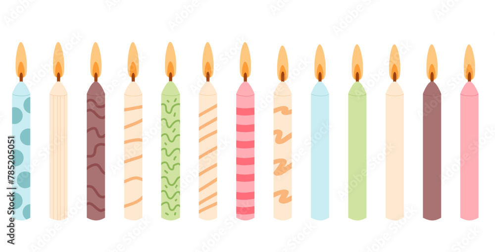 Burning birthday cake candles isolated on white background. Vector hand drawn illustration. Burning birthday cake candles isolated on white background. Vector hand drawn illustration.