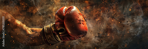 A close-up shot of a red boxing glove ready to land a punch, with fiery effects emphasizing the action and strength