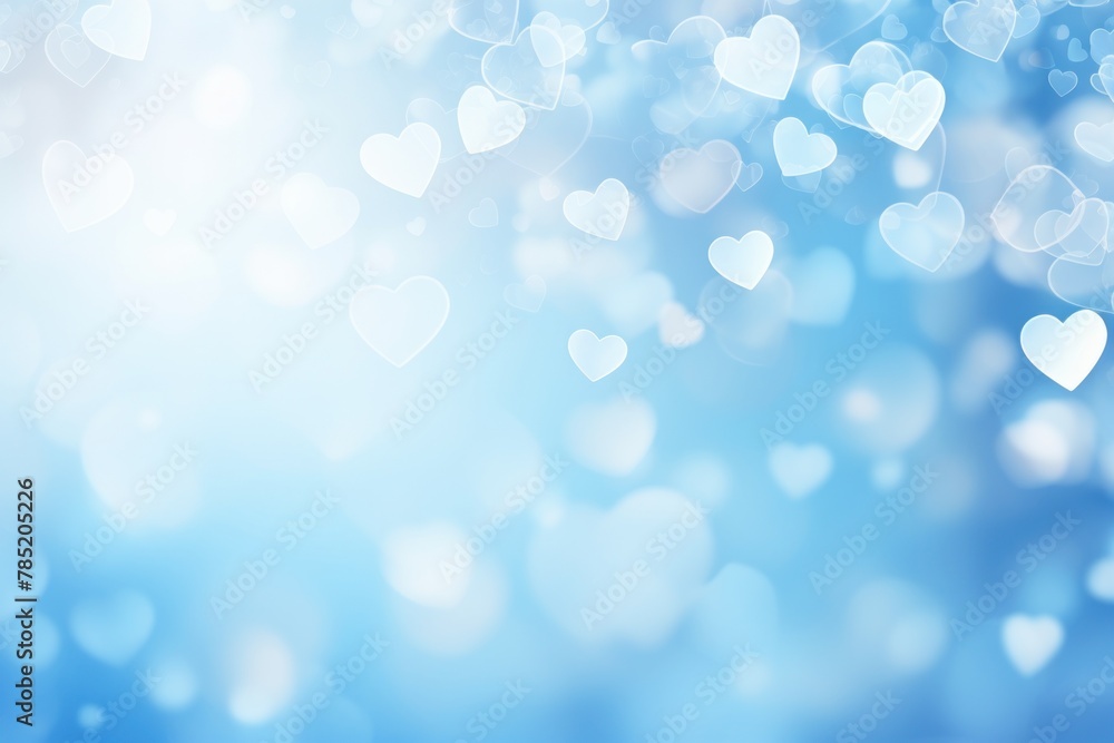 Light blue background with white hearts, Valentine's Day banner with space for copy, blue gradient, softly focused edges, blurred