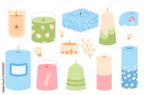 Candles different shapes set. Wax, soy, paraffin candles. Aroma spa accessories for relax collection. Home decor items. Vector flat illustration