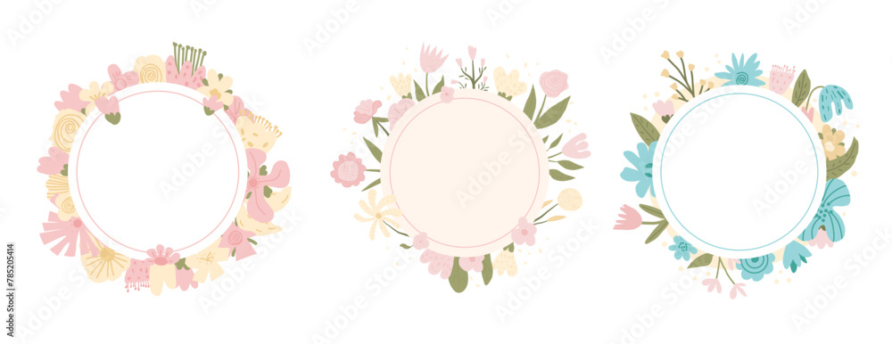 Botanic round frame set. Childish style border of bouquet. Floral wreath isolated on white background. Spring flowers frame. Vector illustration. Botanic round frame set. Childish style border of bouquet. Floral wreath isolated on white background. Spring flowers frame. Vector illustration.