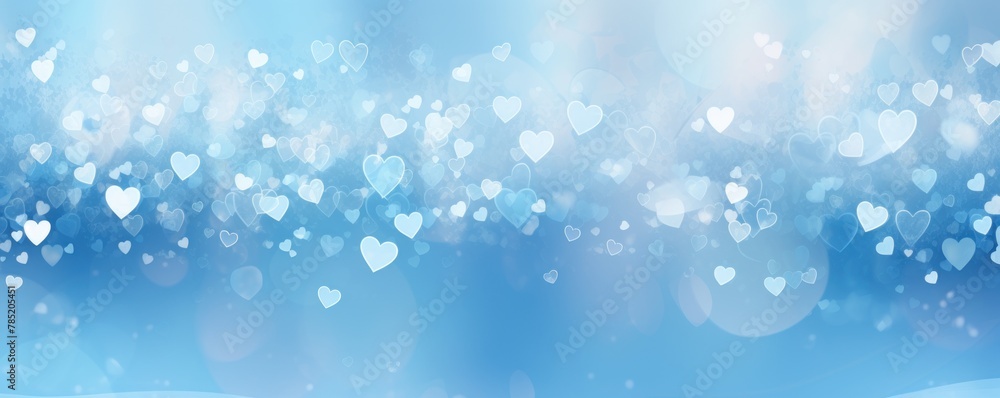 Light blue background with white hearts, Valentine's Day banner with space for copy, blue gradient, softly focused edges, blurred