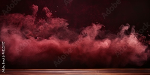 maroon background with a wooden table and smoke. Space for product presentation  studio shot  photorealistic