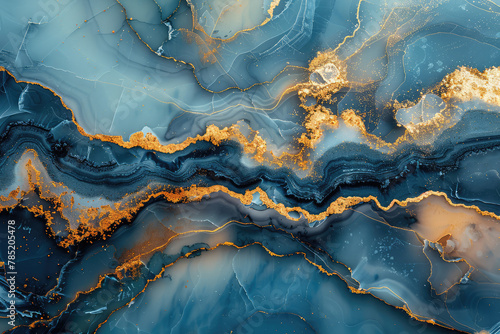 A mesmerizing marble pattern with deep blue and gold swirls, resembling an oceanic scene with golden sunlight filtering through the waves. Created with Ai © Visual