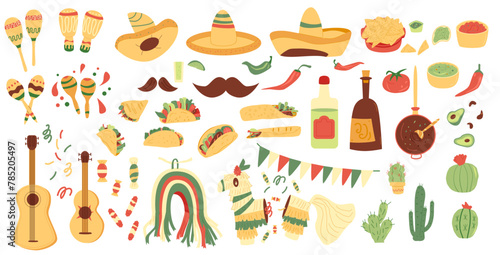 Mexican set. Cinco de Mayo collection elements. Hand drawn pinata, musical tools, food and cactus. Mexican festivals and traditions. Vector illustration isolated on white background.