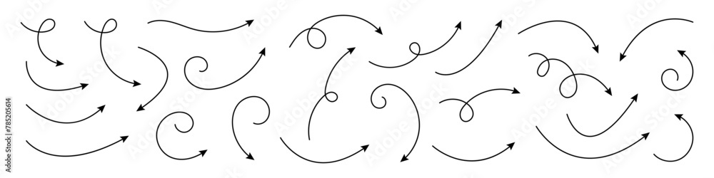 Collection of line arrows. Set simple curved hand drawn arrows. Collection of pointers. Collection of line arrows. Set simple curved hand drawn arrows. Collection of pointers.