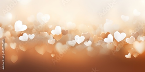 Light brown background with white hearts, Valentine's Day banner with space for copy, brown gradient, softly focused edges, blurred