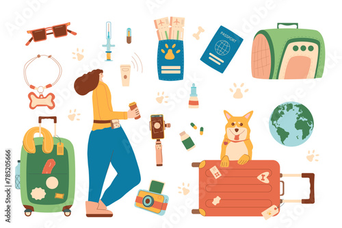 Travel with pets set. Woman with her dog and supplies and accessories for domestic animals isolated on white background. Vector pets carrier, luggage passport with tickets and id tag