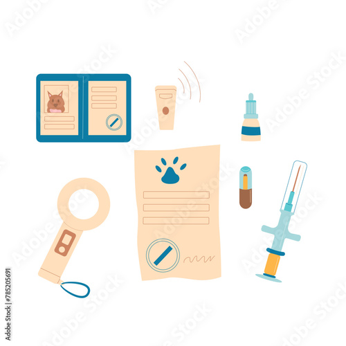 Microchip pets service. Chip scanner, passport and syringe isolated on white background. Veterinary elements. Vaccination certification 
