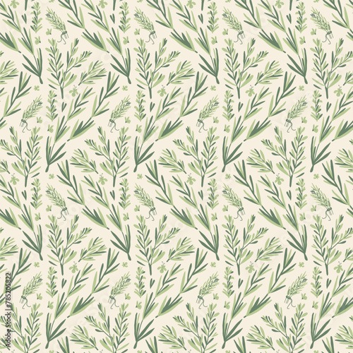 Rosemary herbs branch seamless pattern. Rosemary plant green leaves repeat background. Botanic endless cover. Zigzag loop ornament. Vector hand drawn illustration.