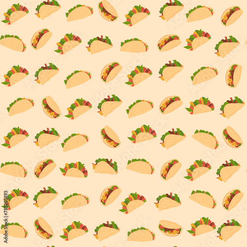 Tacos seamless pattern. Mexican fast food repeat background. Vector flat illustration.