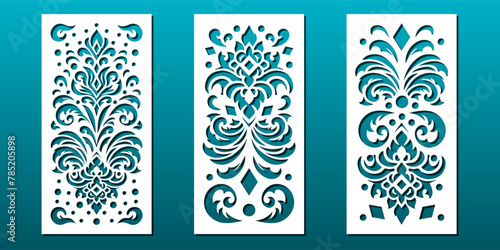 Laser cut panels with abstract floral pattern in asian oriental style. Home decor, room divider, privacy screen, coaster, wall art, card background. Vector illustration