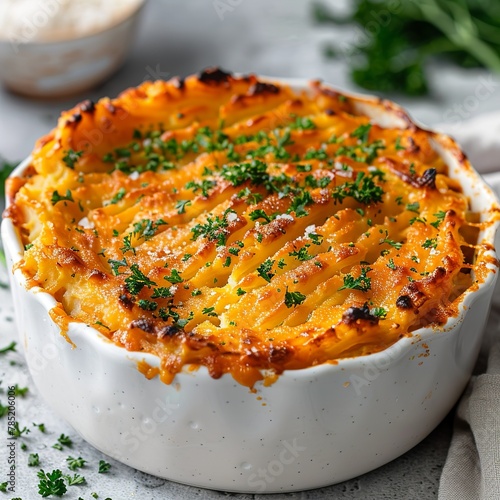 food photography shot of a shepherd's pie casserole on a light gray food photography background with chopped parsley and a little garnish