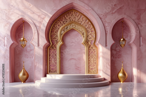 pink arabian arch with golden elements and white steps for product presentation space. Created with Ai