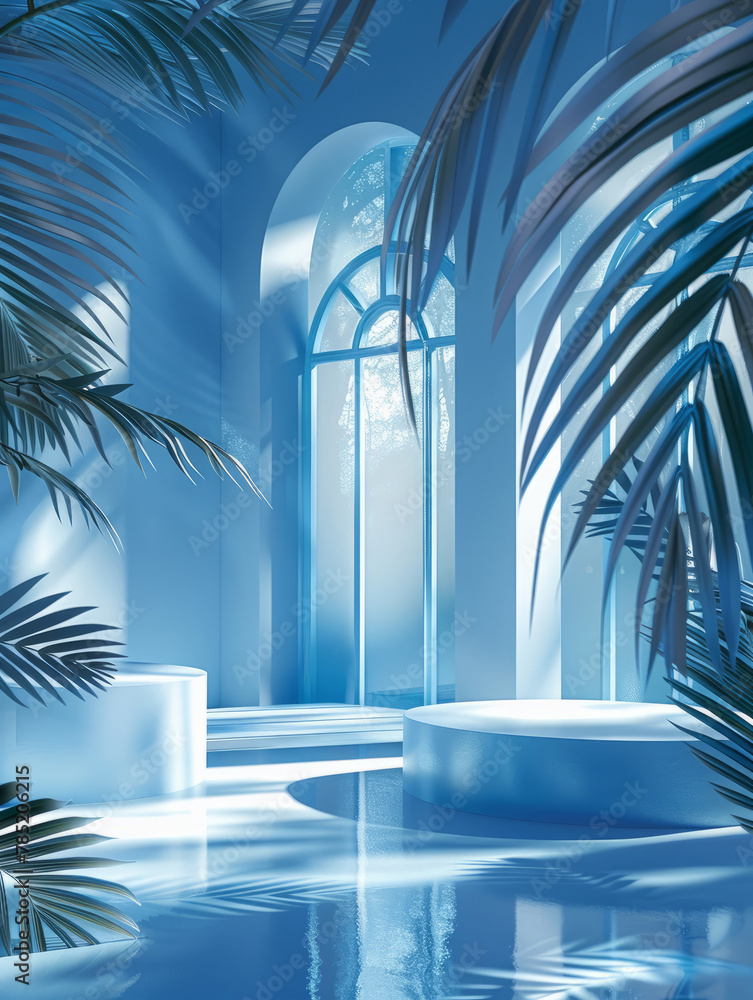 Obraz premium A sleek, modern mockup podium set collection displayed in a vibrant blue tone, surrounded by elegant palm leaves on an abstract background