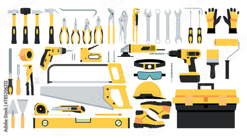 Essential Construction Tools Set for Repair and Installation, Vector Flat Illustration Design