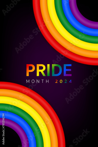 3d Pride month background 2024 banner template, Logo LGBT, LGBTQ, LGBTQIA Pride flag with colorful rainbow. Symbol of pride month june support. LGBTQ+ parade annual summer event, Vector Illustration.