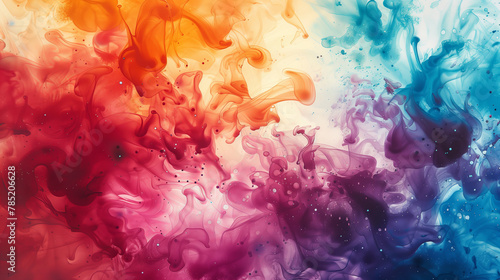 Chaotic splashes of watercolor inks, colorful ink flow in the water, abstract background